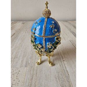 toscano Blue jeweled trinket box rhinestone jewelry religious cross flowers gold